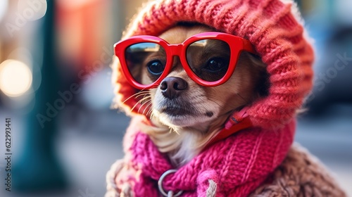 Fashionable animals in glasses. Dogs in beautiful clothes. Glamor fashionable dog in a clothes and glasses. Designer clothes for dogs. Generative ai.
