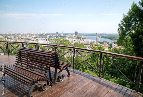 Observation deck with benches for rest in the Kiev park Vladimirskaya Gorka