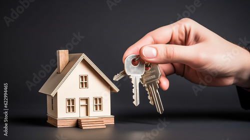 Keys in hand with house in background, real estate concept