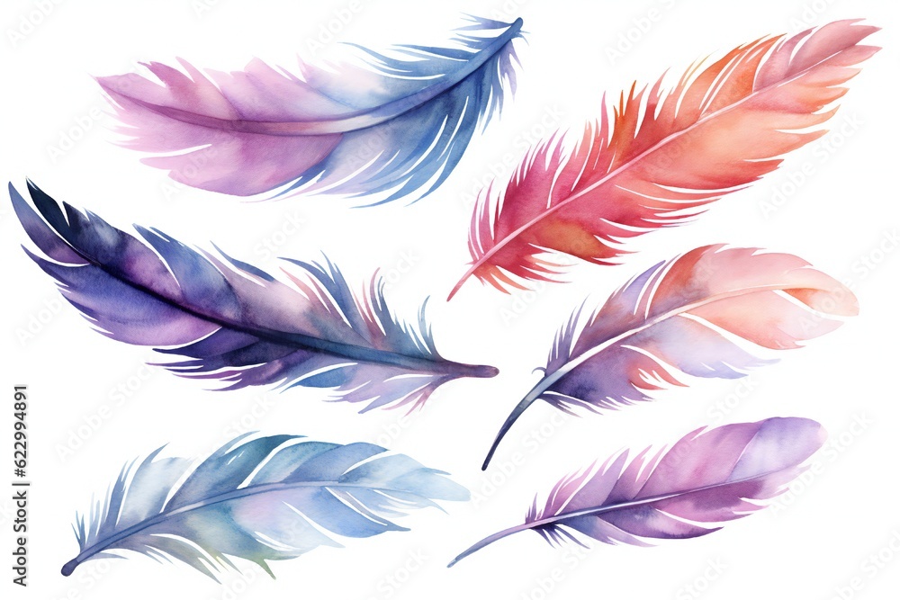 Watercolor Fantasy feather Clip art on white background Generative AI Watercolor Fantasy feather Clip art on white background Generative AI