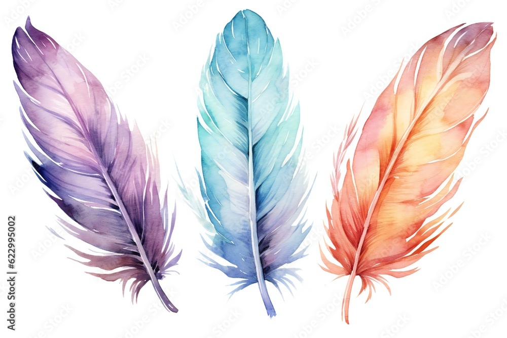 Watercolor Fantasy feather Clip art on white background Generative AI Watercolor Fantasy feather Clip art on white background Generative AI