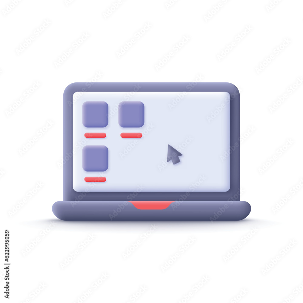 Vector 3d concept laptop icon home screen with mouse cursor and folders business technology education full editable cartoon minimal style on white background Vector 3d concept laptop icon home screen with mouse cursor and folders business technology education full editable cartoon minimal style on white background