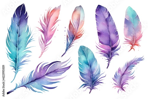 Watercolor Fantasy feather Clip art on white background Generative AI © LayerAce.com
