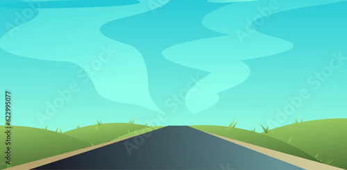 Path through rural hills. Pastures and meadows. Landscape with an asphalt road stretching into distance. Journey beyond horizon. Cartoon fun style. Flat design. Vector.