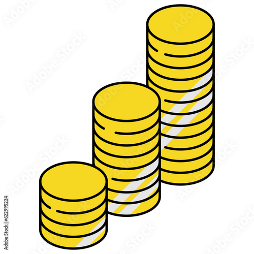 積み上がったコインのアイソメトリックイラスト。
