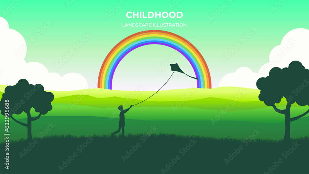 Vector silhouette illustration of boy with kite. Vector landscape illustration for poster, picture, design, background, wallpaper Vector silhouette illustration of boy with kite. Vector landscape illustration for poster, picture, design, background, wallpaper