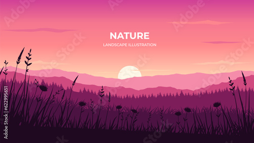 Vector silhouette illustration of dawn grass on mountains background. Vector landscape illustration for poster, picture, design, background, wallpaper