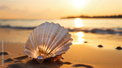 A seashell rests on the beach at sunset