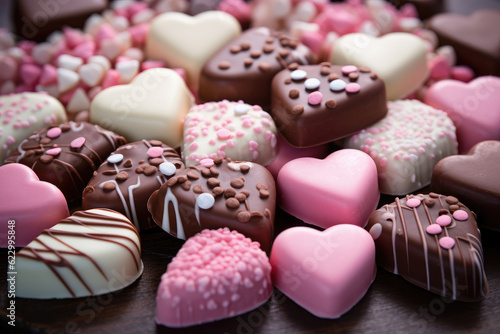 Some delicious chocolate candies spread out on the tabletop