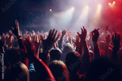 Many people happily raised their hands in the concert hall