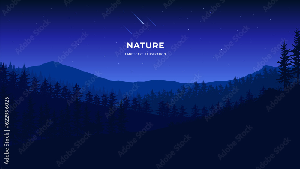 Vector silhouette illustration of night sky and mountains. Vector landscape illustration for poster, picture, design, background, wallpaper