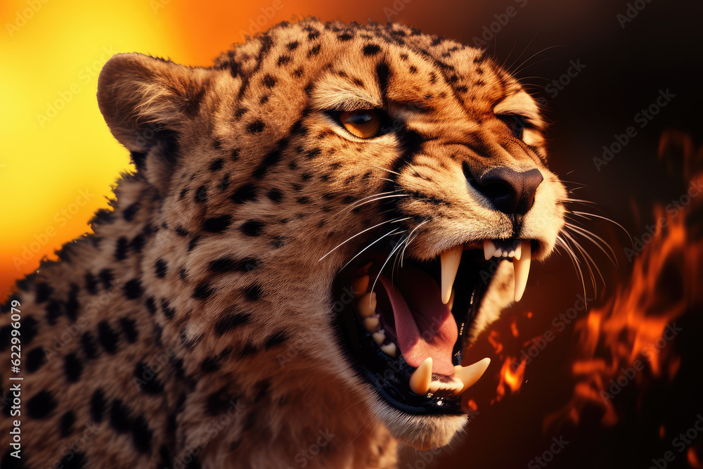 Obraz premium A cheetah and flames background to convey the concept of speed