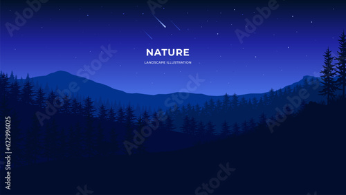 Vector silhouette illustration of night sky and mountains. Vector landscape illustration for poster, picture, design, background, wallpaper