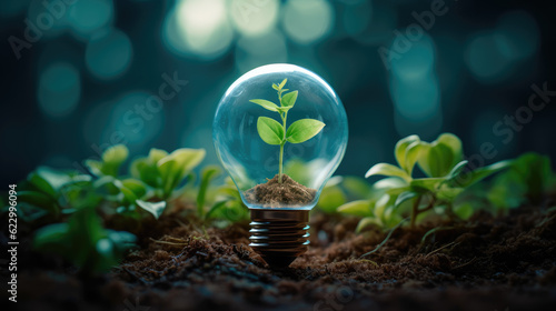 Light bulb with green plants inside on forest background