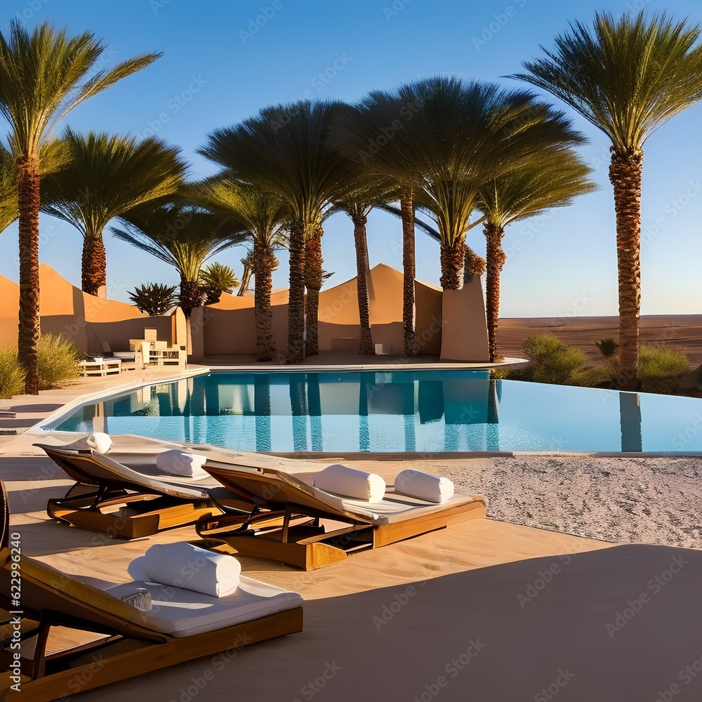 Fototapeta premium 202 A luxurious desert resort with stylish tented villas, private plunge pools, and stunning views of endless sand dunes3, Generative AI