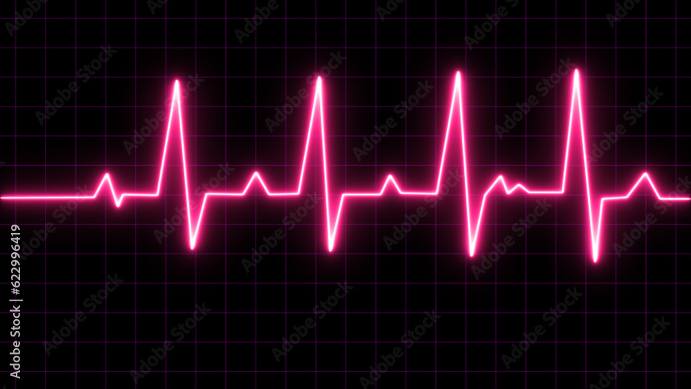 Neon Heart beat pulse in pink illustration. ECG heartbeat monitor, cardiogram heart pulse line wave. Electrocardiogram medical background.