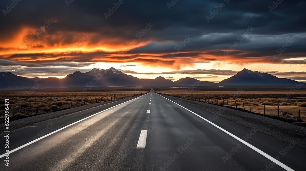 A highway leads into the distance, outdoors at sunset