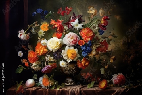 Flower Still Life Bouquet in Vintage Vase, Ancient Dutch Masters Imitation, Abstract Generative AI Illustration