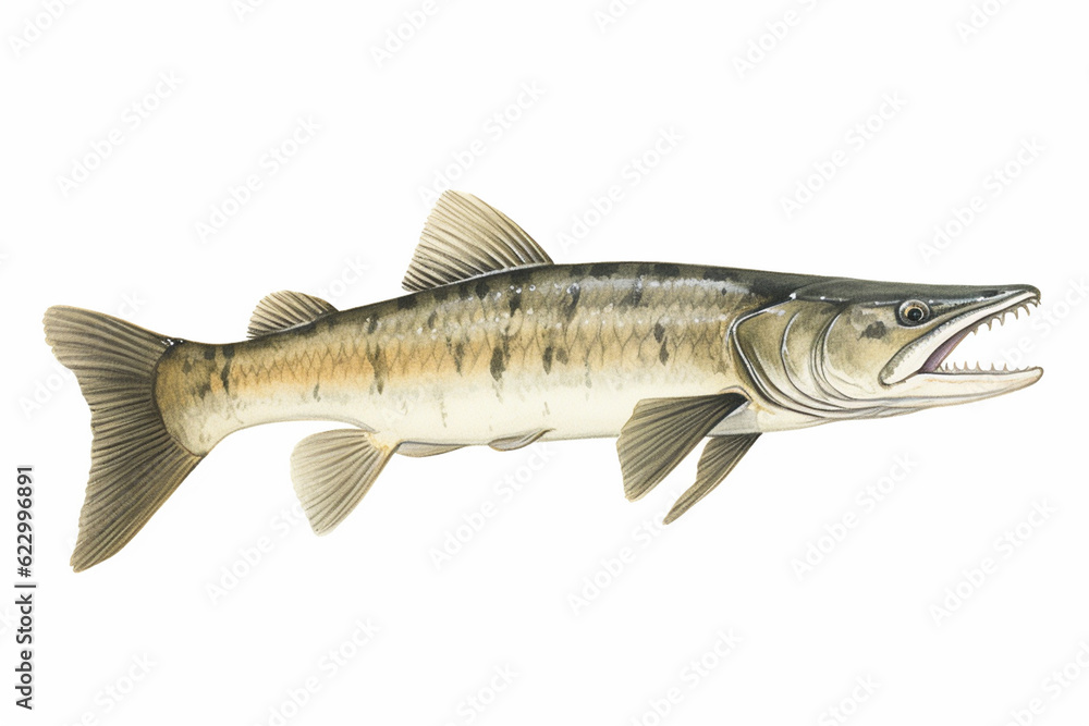 illustration of pike fish isolated on white background, generative ai - obrazy, fototapety, plakaty 