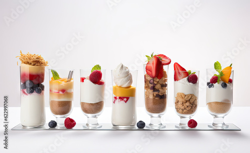 Parfait Dessert, Fruit Yogurt Breakfast in Glass, Sweet Cream Parfait, Abstract Generative AI Illustration