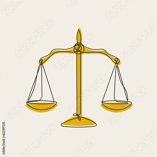 One line continuous justice scales sign isolated on white background. Hand drawn balance symbol. Vector illustration.
