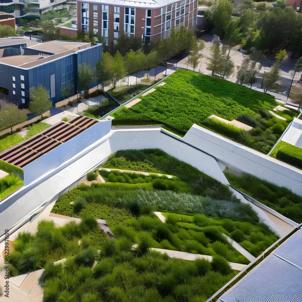 213 A sustainable urban park with green rooftops, rainwater harvesting systems, and interactive installations promoting environmental awareness and conservation3, Generative AI
