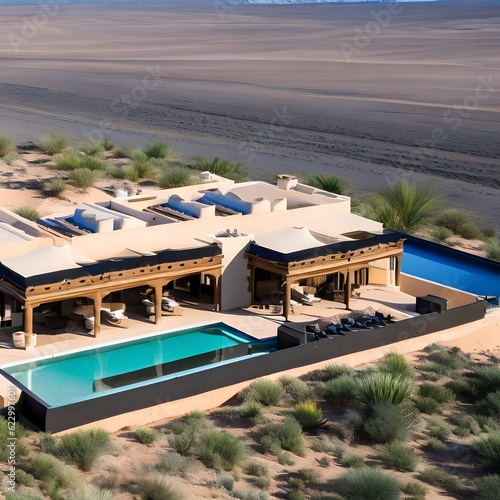 202 A luxurious desert resort with stylish tented villas, private plunge pools, and stunning views of endless sand dunes5, Generative AI