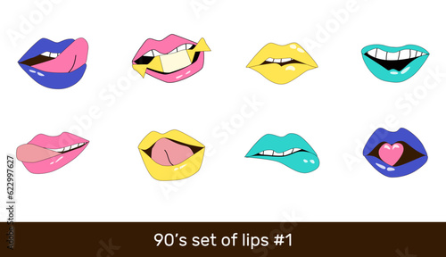 90-s set of lips. Retro cartoon 90s or y2k elements set in trendy style. 2000s vector lip collection for music party, pattern and backgrounds. 