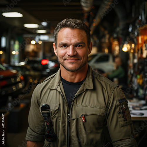 Portrait of a smiling mechanic in a car repair garage, generative ai