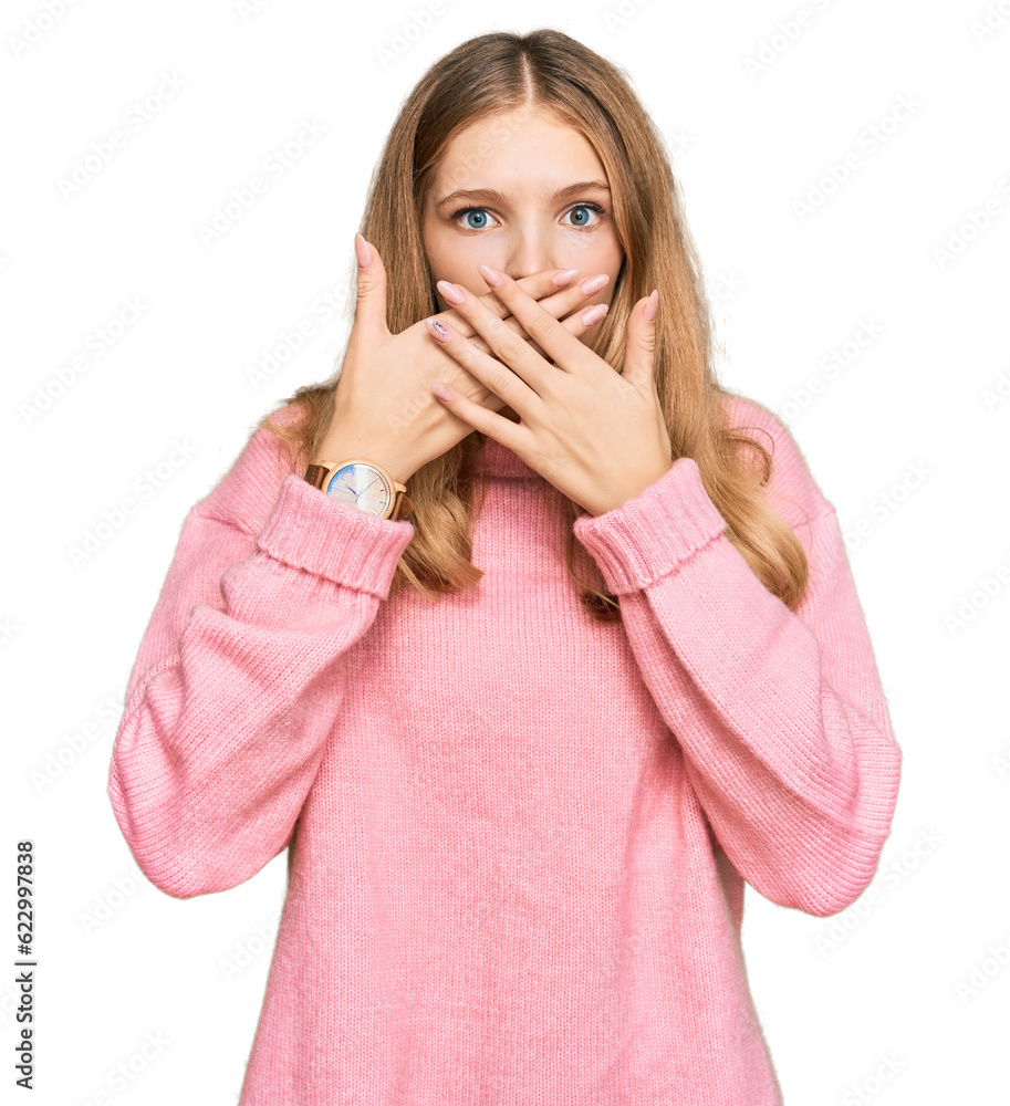 Beautiful young caucasian girl wearing casual winter sweater shocked covering mouth with hands for mistake. secret concept. Beautiful young caucasian girl wearing casual winter sweater shocked covering mouth with hands for mistake. secret concept.