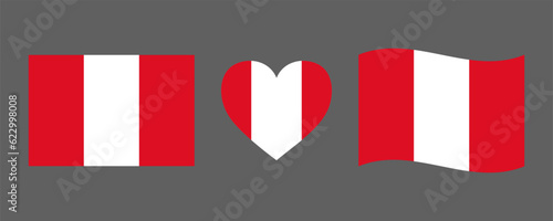 Peru flag signs set. Peruvian heart shape decorative element. Independence Day of Peru. National symbols for Peruvian holidays