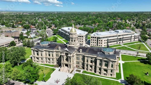 Cheyenne, Wyoming capitol building. Aerial orbit of state capital, Cheyenne on summer day. photo
