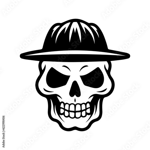Skull in hat silhouette, isolated on white background. Halloween silhouette black skull logo - for scary design or decor. Vector illustration, traditional Halloween decorative element. Tattoo design. © LENNAMATS