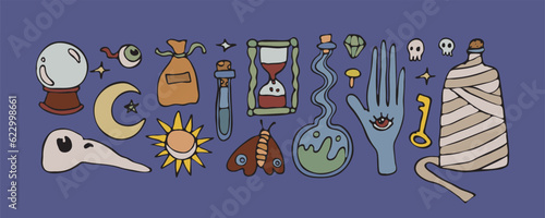 Vector witch isolated doodle set, magical outline potion collection, gothic wizard line drawing symbol, cute witchcraft design elements, spiritual occult icons, sacred hand drawn alchemy illustration