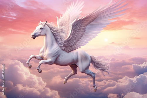 Flying Pegasus in pink clouds at sunset  AI generated