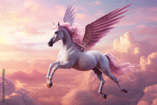 Flying Pegasus in pink clouds at sunset, AI generated © World of AI