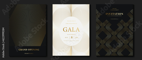 Luxury invitation card background vector. Golden curve elegant, gold lines gradient on dark and light background. Premium design illustration for gala card, grand opening, party invitation, wedding.