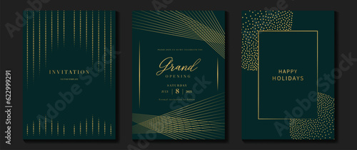 Luxury invitation card background vector. Golden elegant geometric shape, gold lines gradient on green background. Premium design illustration for gala card, grand opening, party invitation, wedding.