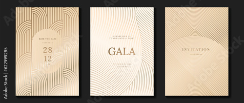 Luxury invitation card background vector. Golden curve elegant, gold lines gradient on light color background. Premium design illustration for gala card, grand opening, party invitation, wedding. photo