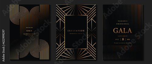 Luxury invitation card background vector. Golden elegant geometric shape, gold lines gradient on dark background. Premium design illustration for gala card, grand opening, party invitation, wedding.