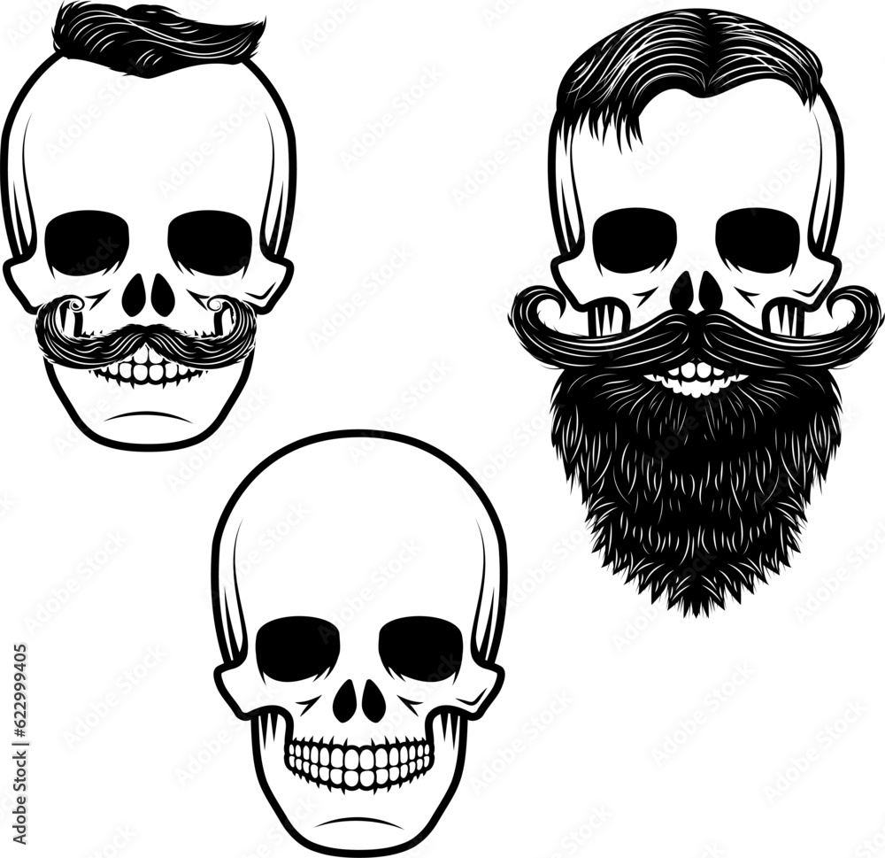 Fototapeta premium Set of skulls with mustache and beard. Retro vector design graphic element, emblem, logo, insignia, sign, identity, logotype, poster. T-shirt print design template. Vector illustration.