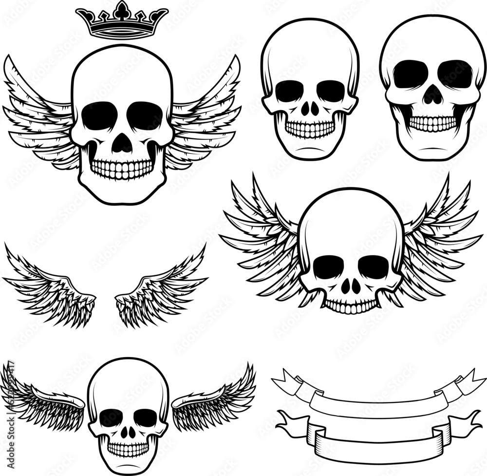 biker theme labels. skulls with wings.