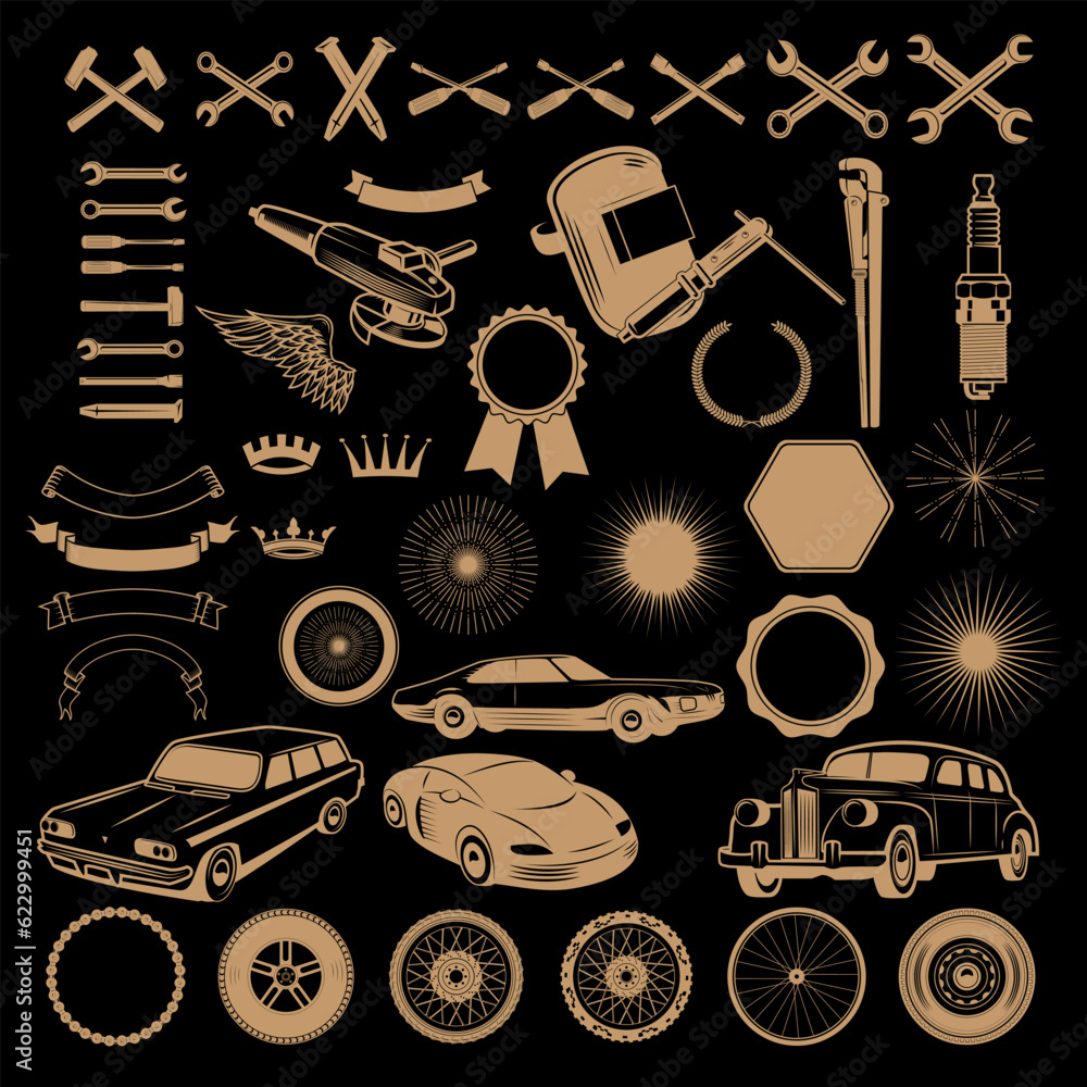 Car service logo generator. Set of design elements for car service, car wash, auto parts store, car rental, vintage cars store. Vector design elements isolated on black background..