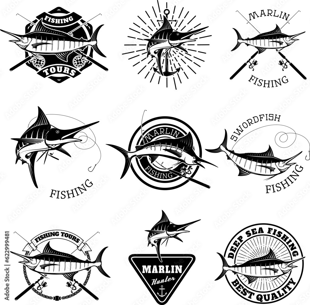 Marlin fishing. Swordfish icons. Deep sea fishing. Design elements for
