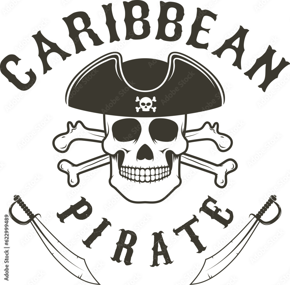 Caribbean pirate. Pirate skull in admiral headdress and swords. Design element for logo, label, emblem, sign. Vector illustration. Caribbean pirate. Pirate skull in admiral headdress and swords. Design element for logo, label, emblem, sign. Vector illustration.