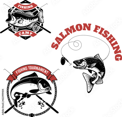 fishing tournament labels. Carp fishing, salmon fishing, perch fishing. Design elements for logo, label, emblem, sign, brand mark. Vector illustration.