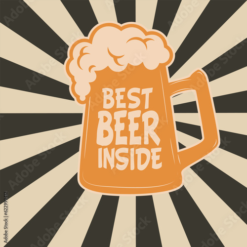 Beer Mug on the retro background with sun rays. Best beer inside.