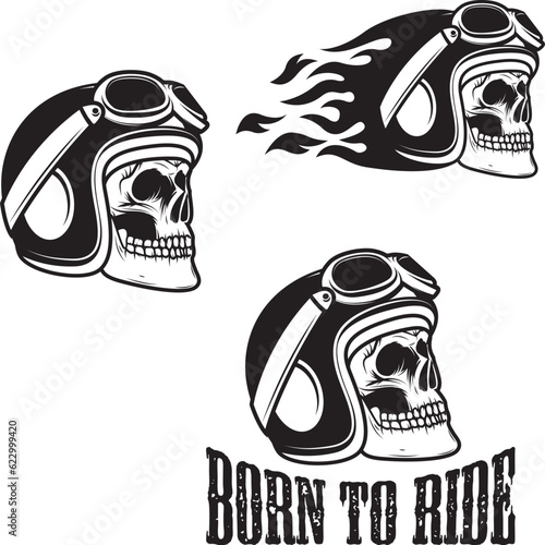 Skull in motorcycle helmet with fire. Born to ride. Retro vector design graphic element, emblem, logo, insignia, sign, identity, logotype, poster. T-shirt print design template. Vector illustration. photo