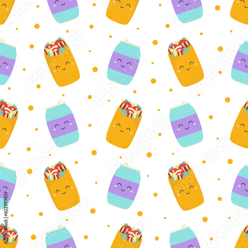 fast food seamless pattern of soda and burritos