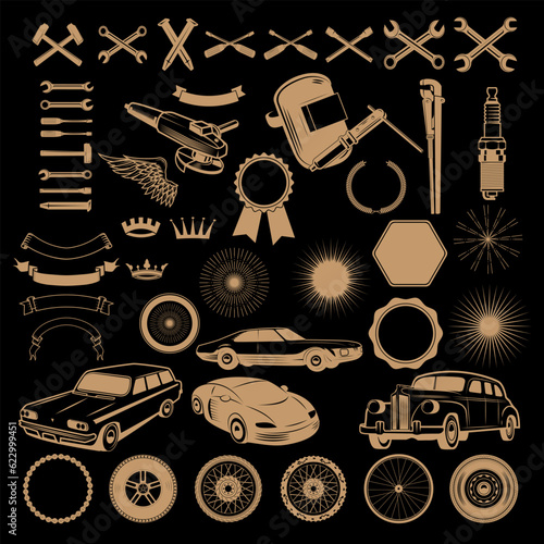 Car service logo generator. Set of design elements for car service, car wash, auto parts store, car rental, vintage cars store. Vector design elements isolated on black background..